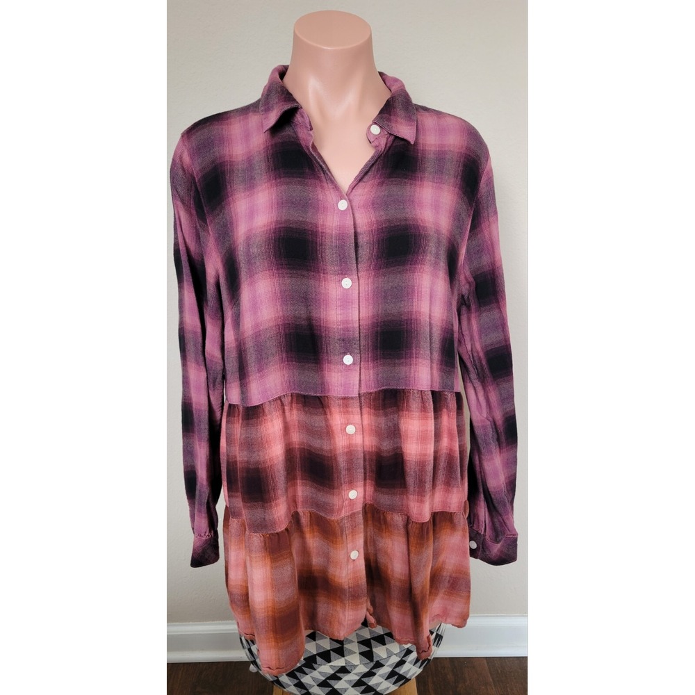 J. Jill Womens Tiered Plaid Top M/L Ombré Button Down Flannel Oversized Retro